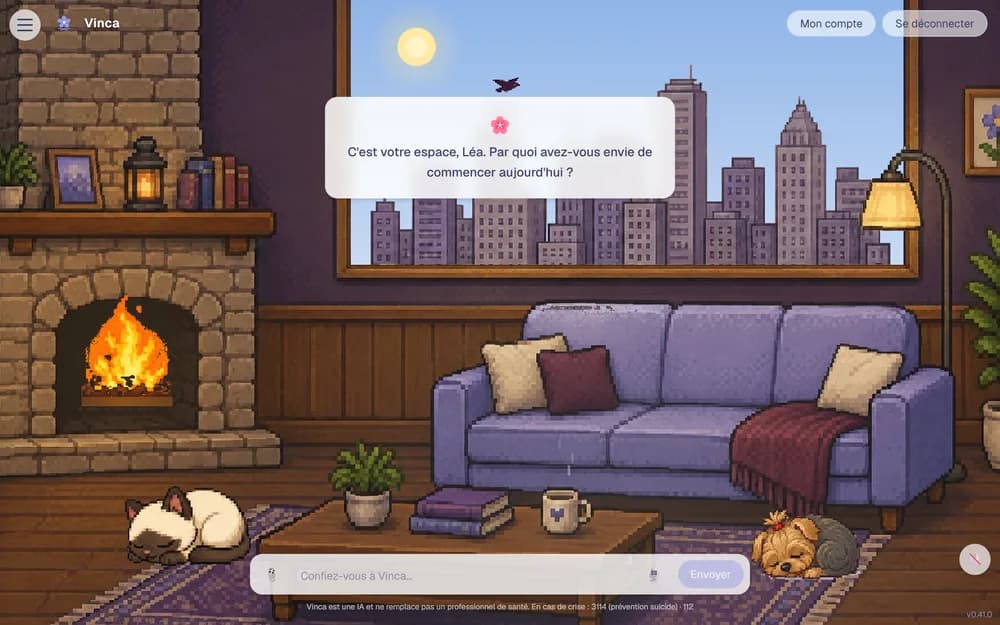 Capture d'écran du salon de Vinca : une conversation dans un salon cosy en pixel art